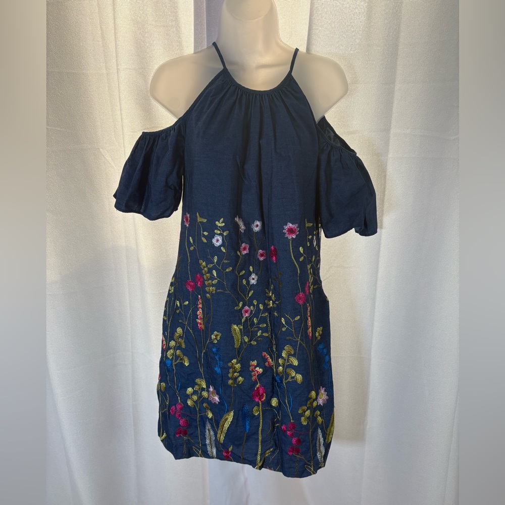 LONDON TIMES Chambray Dress Embroidered Flowers Floral‎ Off the Shoulder 493